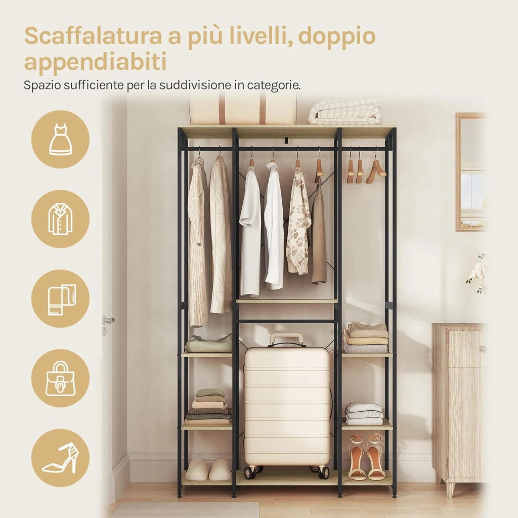 Stand Appendiabiti con Ripiani Attaccapanni Guardaroba Scaffale Porta Abiti in Legno Acciaio 120x40x201 cm