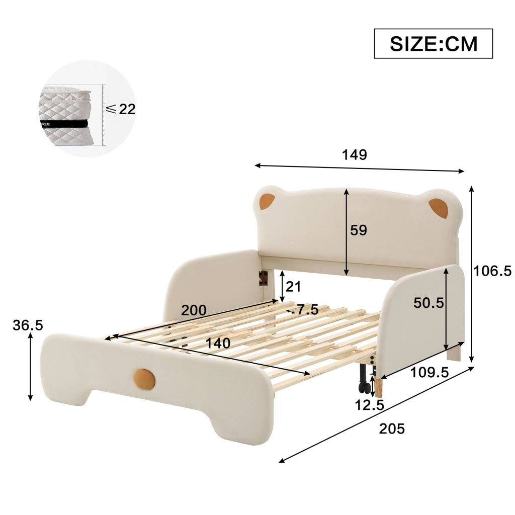 Letto matrimoniale forma orso imbottito velluto beige 140x200 cm