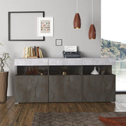 Madia Itaca 3 ante ossido e cemento con dettagli in vetro 180x41.2x80H – Ordine ed Eleganza