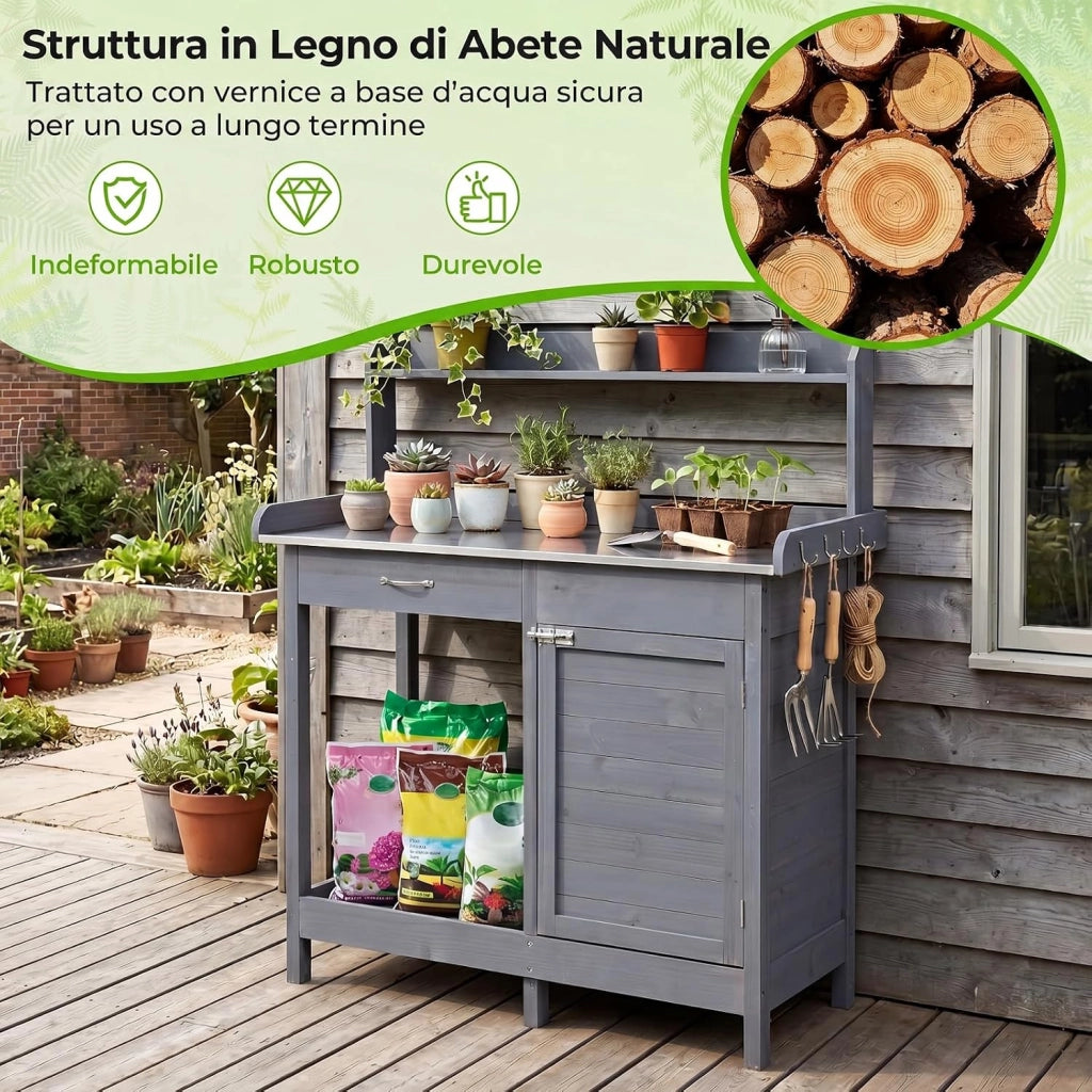Tavolo da Giardinaggio in Legno con Piano in Acciaio (Grigio) | Tavolo per Piante con Ripiani Aperti, Armadietto, Cassetto e 3 Ganci, Banco da Lavoro per Giardino e Balcone, 112x46,5x125 cm