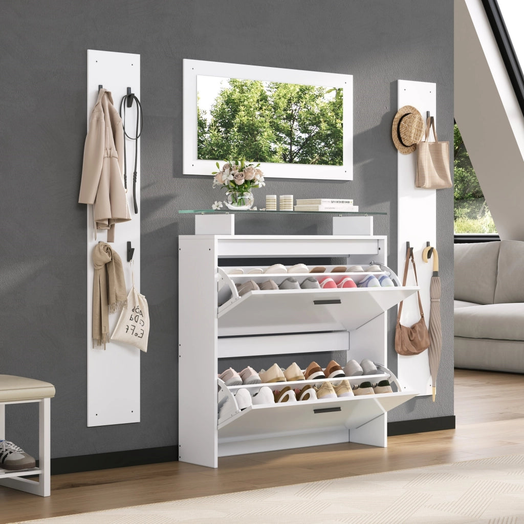 Set Guardaroba Ingresso 4 Pezzi Bianco 89;5×23×96;5 cm con Specchio; Scarpiera Lucida e 8 Ganci