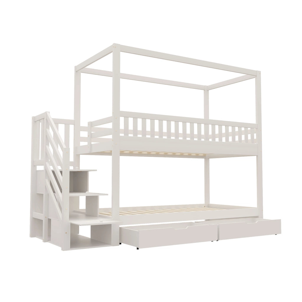 OKWISH Letto a castello 90×200 cm, Letto 2 Posti con Spondine di Sicurezza, Scala con Cassetti e 2 Cassetti, senza Materasso, Bianco