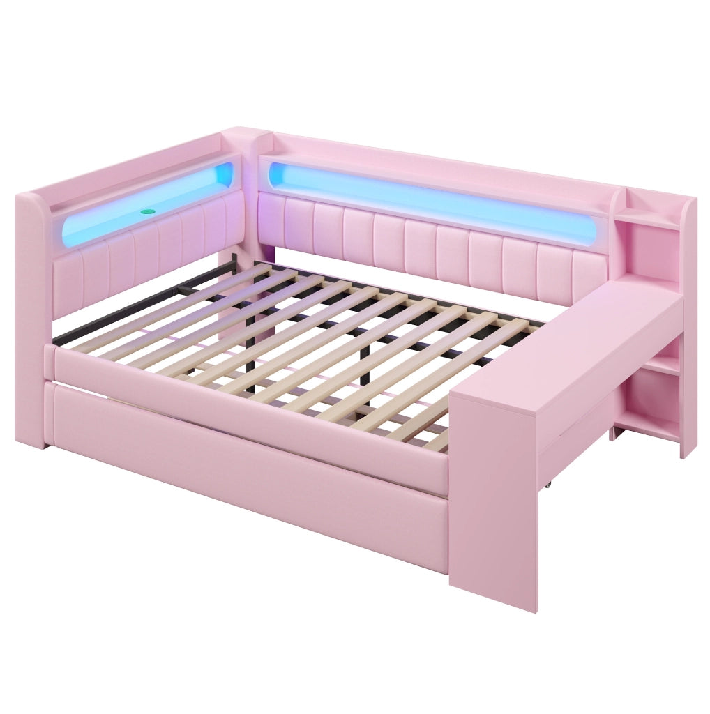Divano letto imbottito 140x200 con letto estraibile; scrivania; LED e USB; rosa