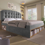 Letto imbottito 140x190 cm con testiera regolabile e cassetti; rete a doghe; velluto grigio