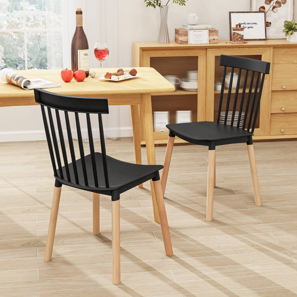 Set di 4 sedie da pranzo windsor con sedili curvati, Sedie laterali senza braccioli con gambe in legno Nero-Sedie da pranzo