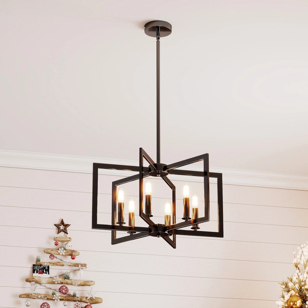 Lampada a sospensione 6 luci farmhouse vari geometrica altezza regolabile-Luce appesa industriale moderno regolabile per soggiorno cucina Nero
