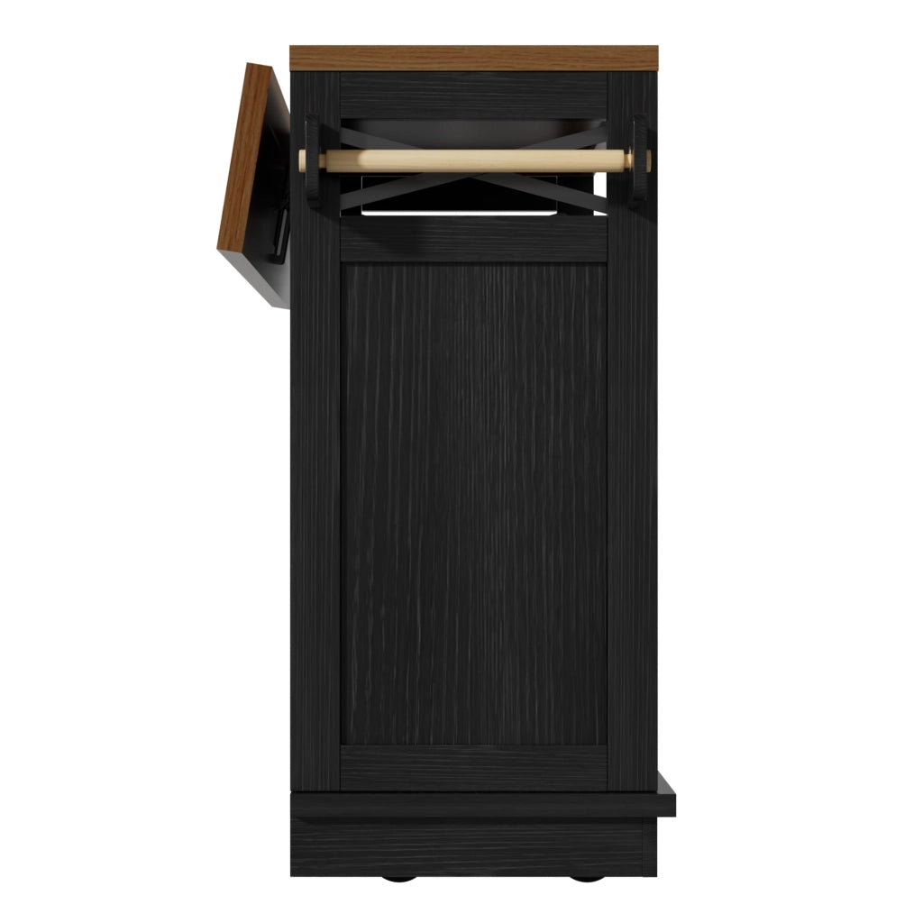 Isola per cucina nera con ruote e piano pieghevole 118x43x98 cm; MDF e metallo