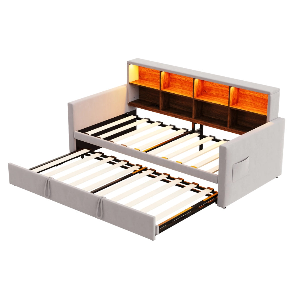 OKWISH Letto Divano Letto Singolo, Cassetti, LED, USB e Tipo C, 90 x 190 cm, senza materasso, Velluto Grigio Chiaro