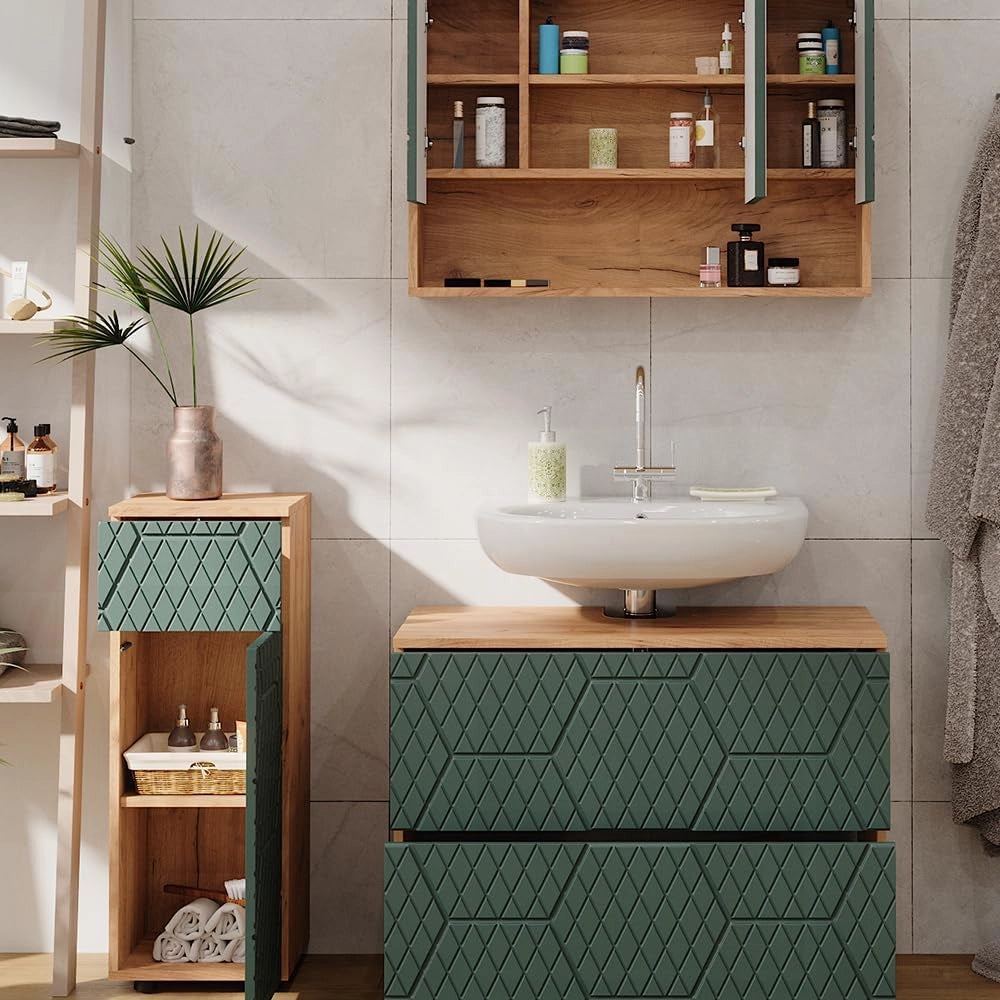 Set mobili bagno Irma, Quercia verde/oro, 3 pezzi, con cassettiera e mobile midi