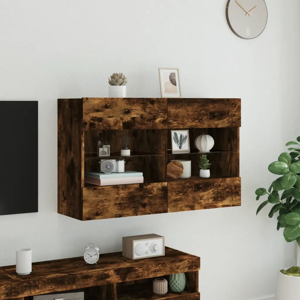 Mobile TV a Parete con Luci LED Rovere Fumo 98,5x30x60,5 cm 837110
