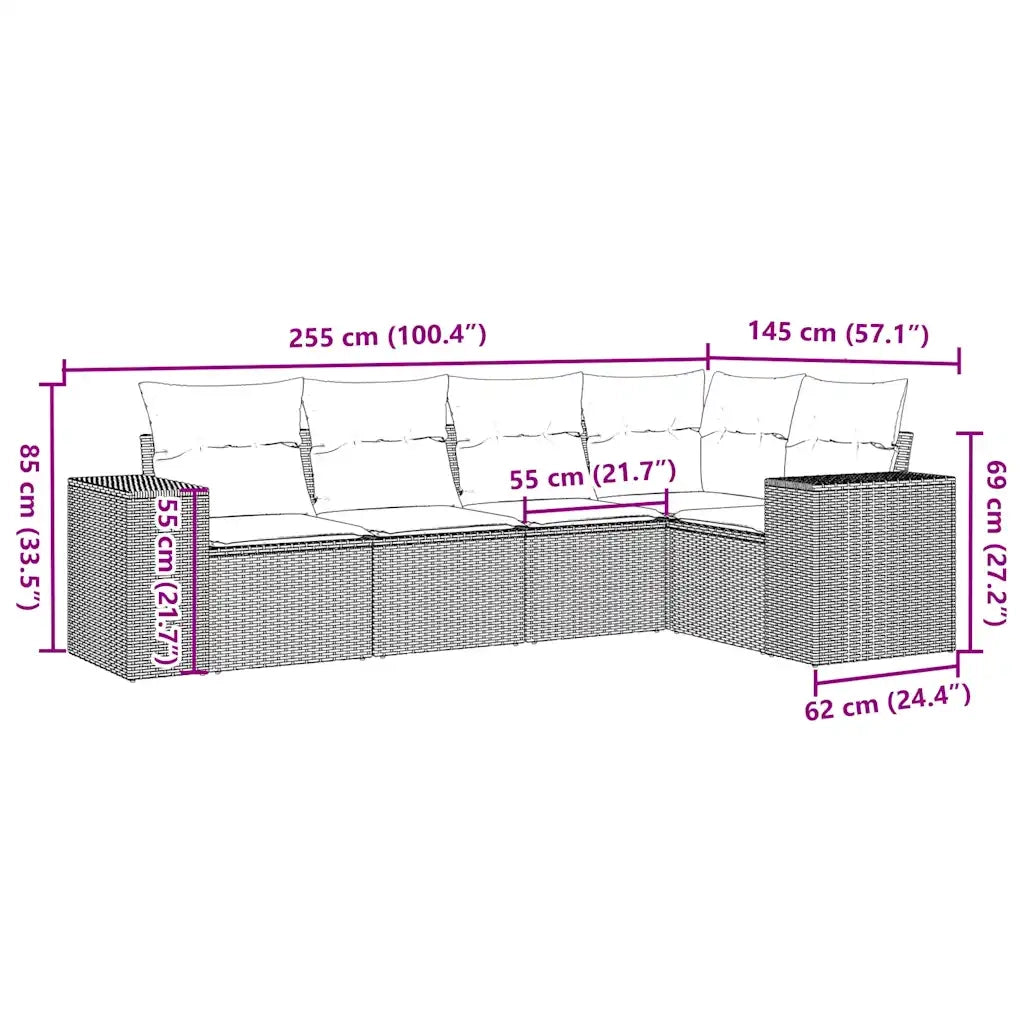 Set Divano da Giardino 5pz con Cuscini Grigio Chiaro Polyrattan
