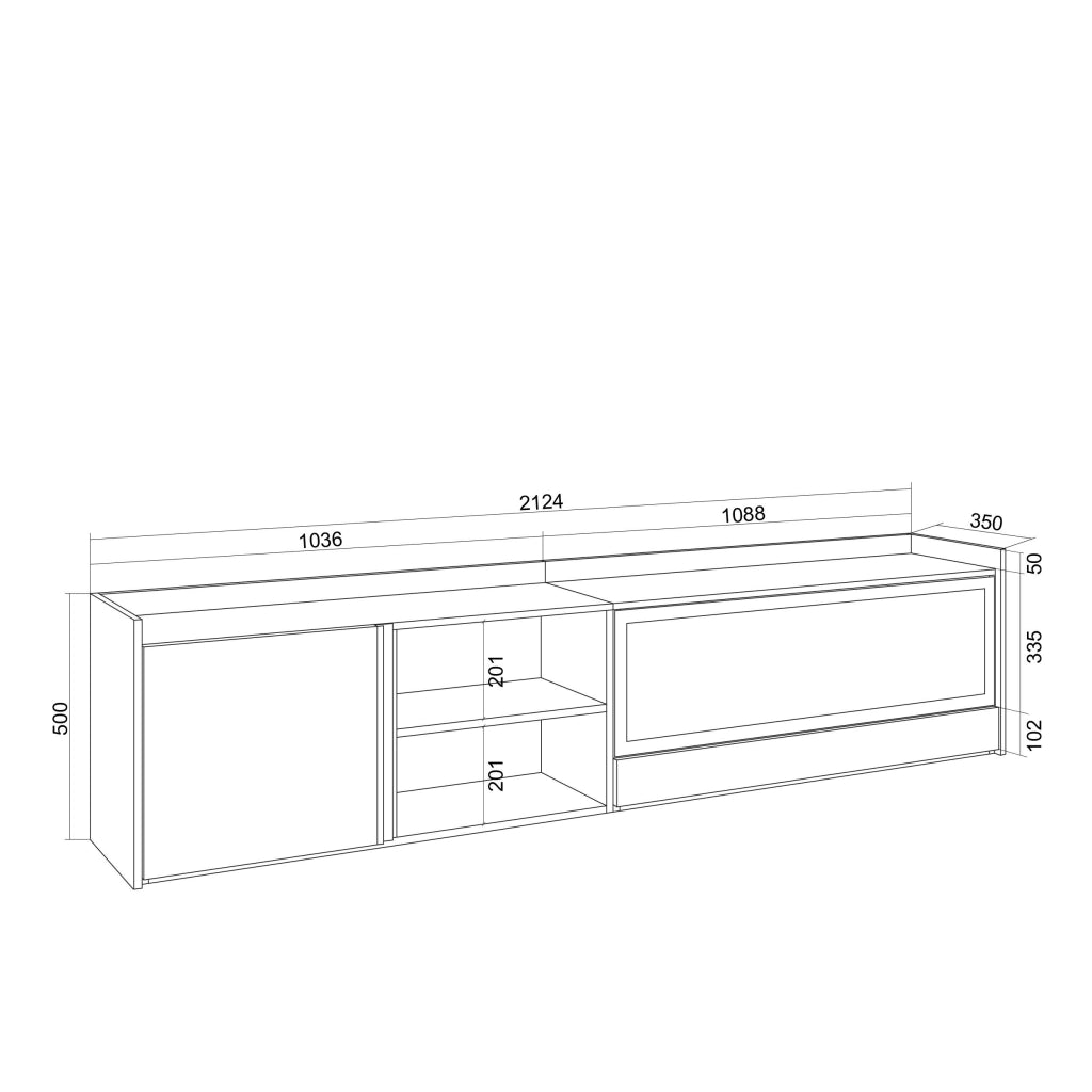 Mobile TV Soggiorno, 212x50x35 cm, Per TV fino a 80", Camino elettrico XXL, LED, Bianco e Rovere soft