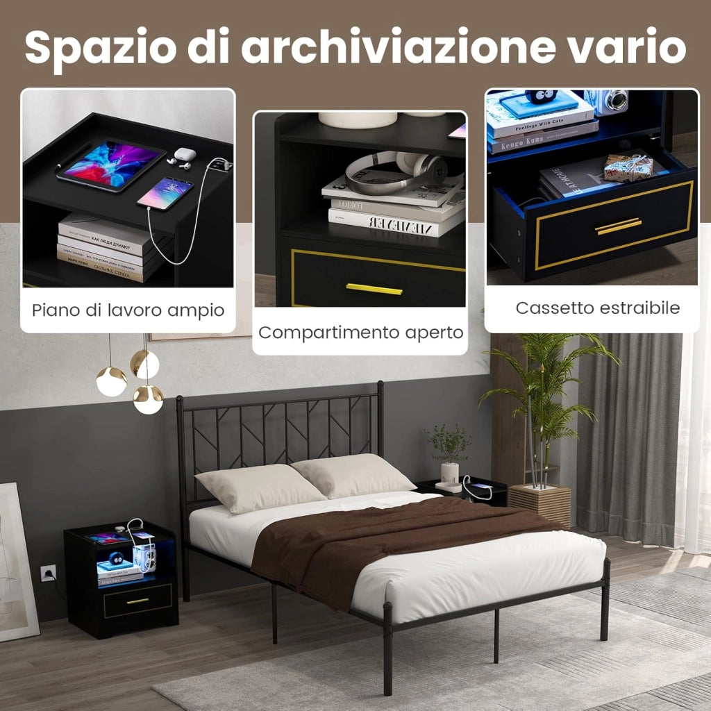 Comodino con LED, Comodino Intelligente con 2 Porte USB, Ripiano Aperto e Cassetto, Luci a Colori Variabili, Bianco, 45 x 40 x 50 cm (1, Nero)