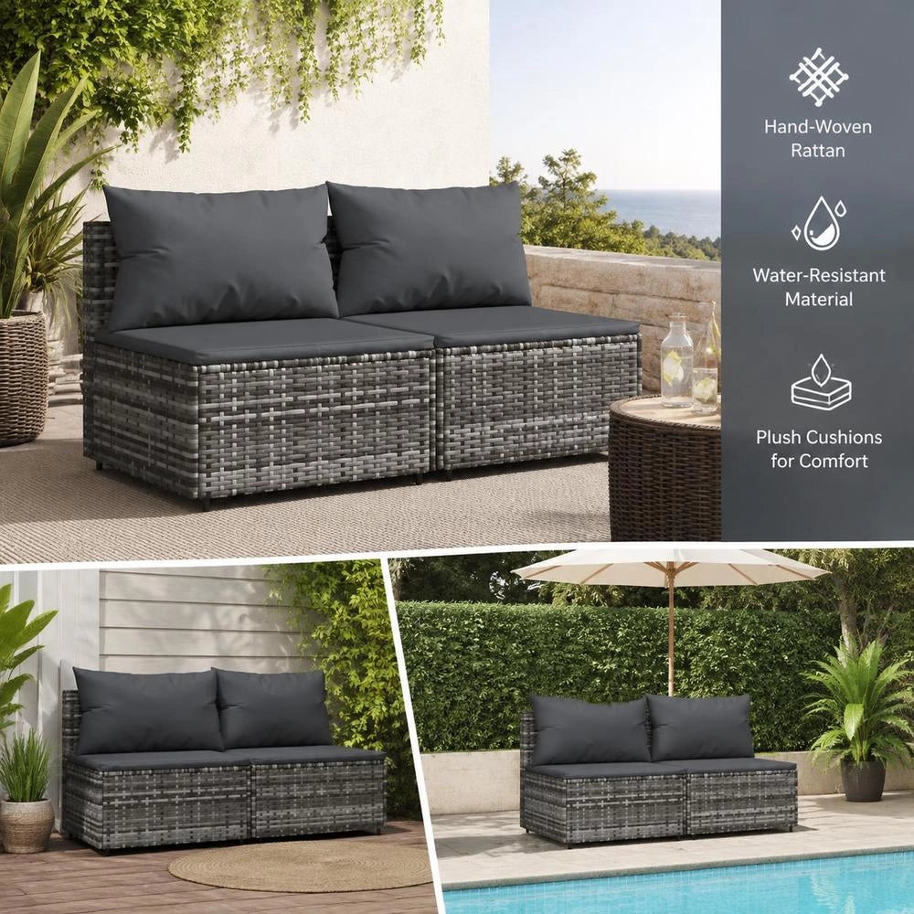 Garden Middle Sofas With Cushions 2 Pcs. Grey Poly Rattan