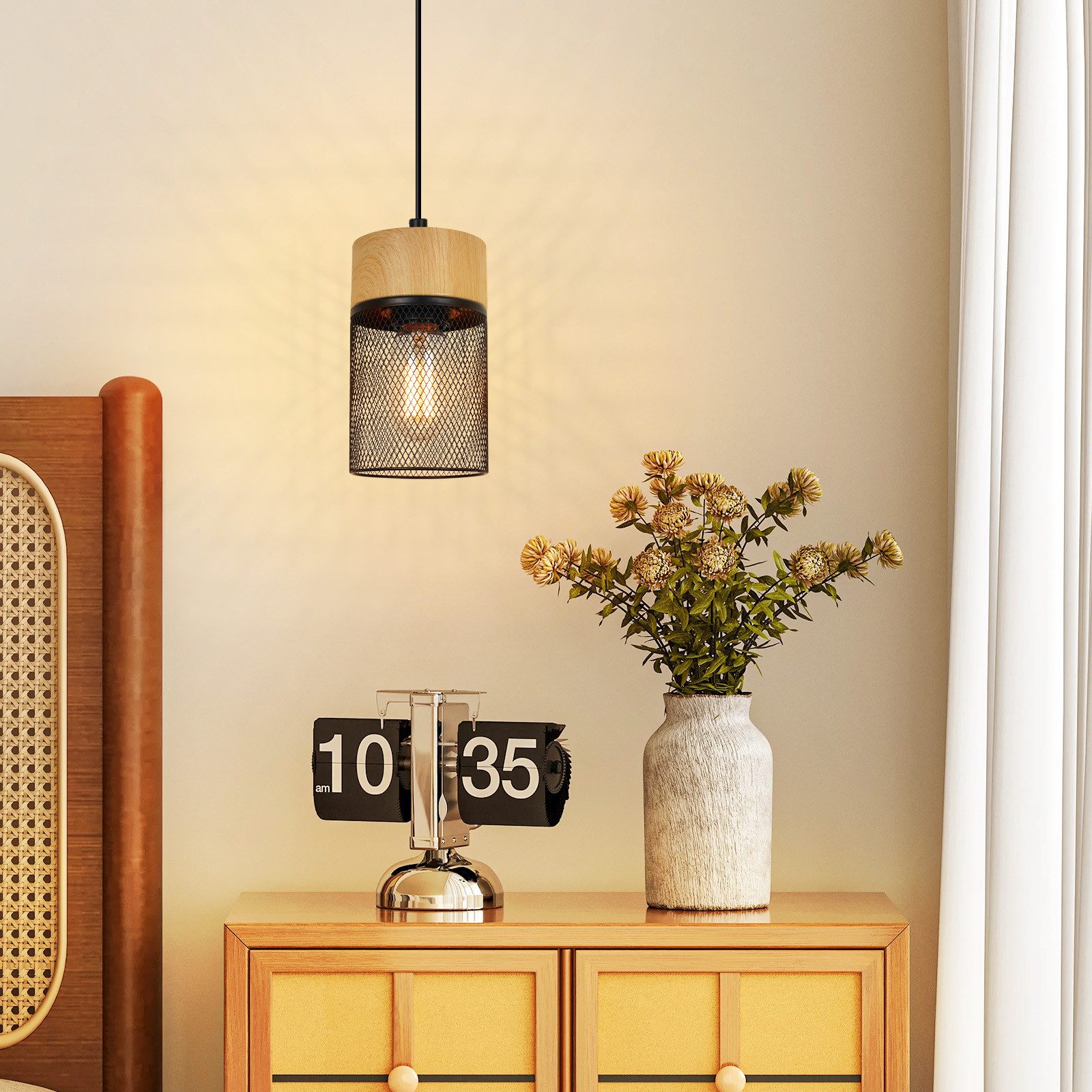 Lampada a sospensione ZMH 1 luce barra legno nero venature per sala da pranzo corridoio e bar