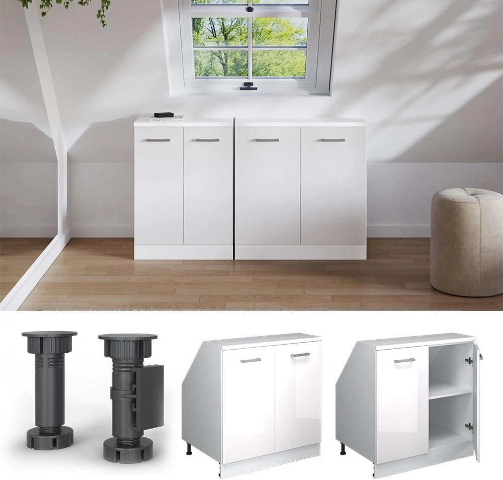 Mobile sottotetto Rion, Bianco lucido, 80 x 81.6 cm con 2 porte, carcassa 60 cm profondità, adatto per il salvaspazio sotto tetti spioventi