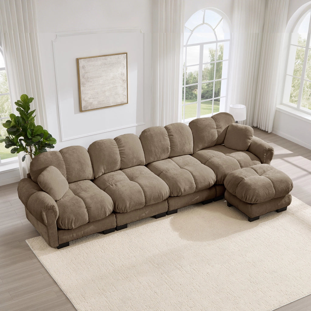 Divano angolare a L 4 posti in tessuto chenille marrone con pouf modulare