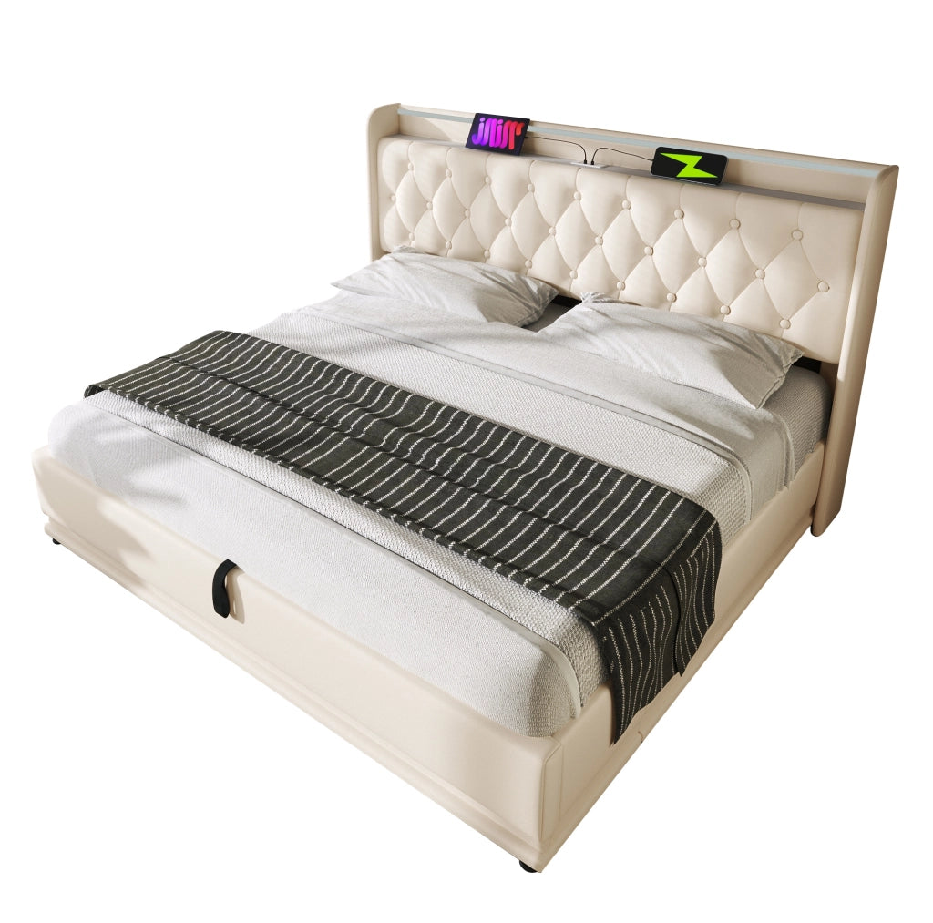 Letto matrimoniale imbottito 160x200 cm con LED; USB e contenitore idraulico; bianco PU