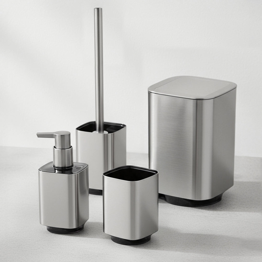 Set accessori bagno con dispenser e porta spazzolino color argento satinato e nero Lumina