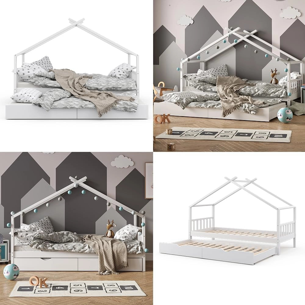 Letto da casa Design, Bianco, 90x200 cm con letto per ospiti e materasso, con sponda anticaduta e rete a doghe per un sonno sicuro