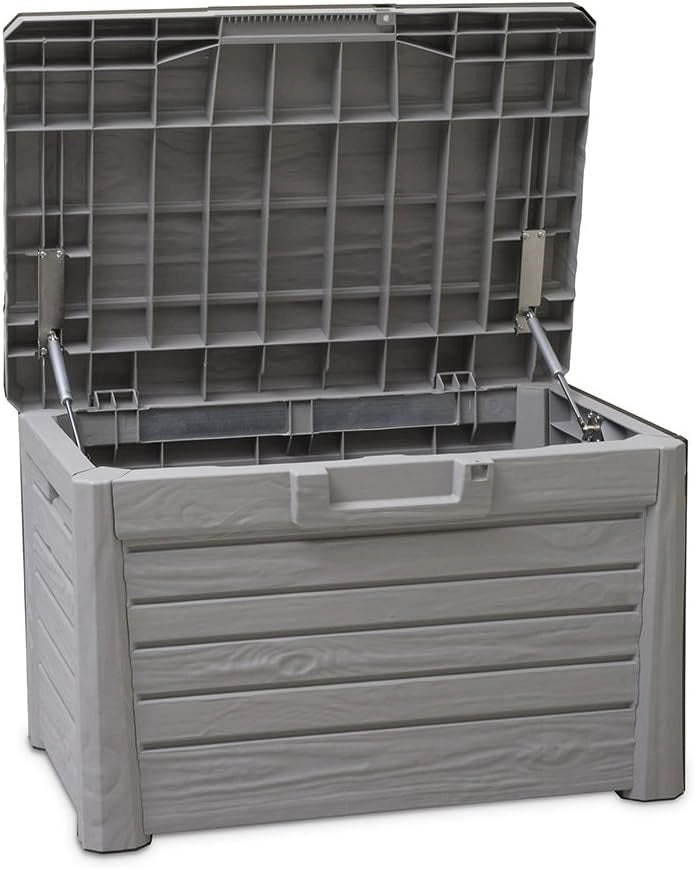 Baule da esterno e interno Compact Box Florida 120 litri con seduta effetto legno colore grigio tortora Toomax