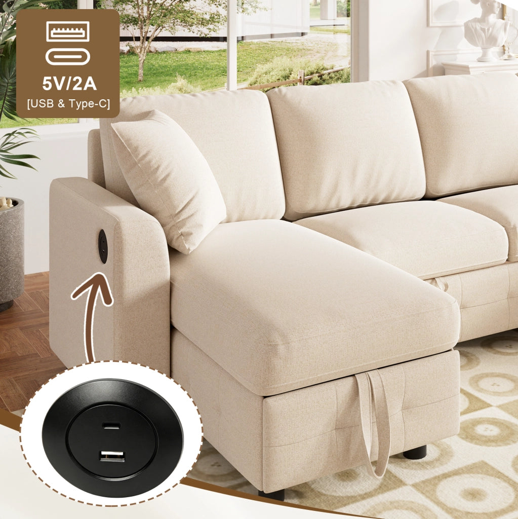 Divano letto angolare a U in chenille beige con contenitore, USB e Type-C
