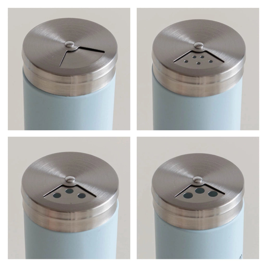 Set 5 Contenitori In Vetro Cucina Portaspezie 130 Ml Barattoli Moderni Sale Pepe Rotondi Moderni Tappo Girevole Acciaio Per Regolazione Con Moderne Scritte Certificati Contatto Alimentare