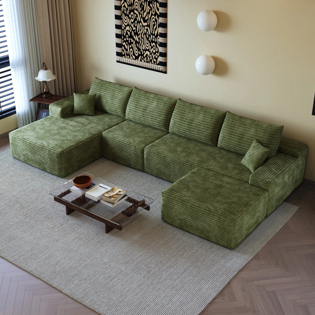 Divano angolare modulare con chaise longue a l seduta profonda senza montaggio per soggiorno in tessuto verde