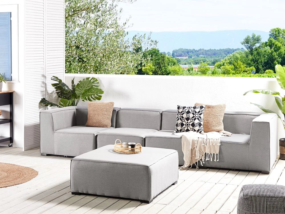 Set divano modulare 4 posti con pouf rivestimento in tessuto grigio salotto da giardino ottomana