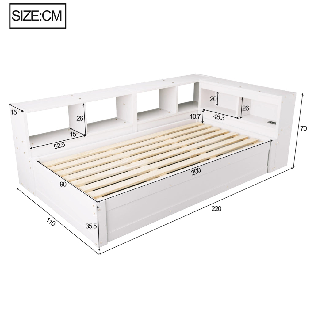 Letto multifunzionale 90x200 cm con LED, presa integrata e vani contenitore