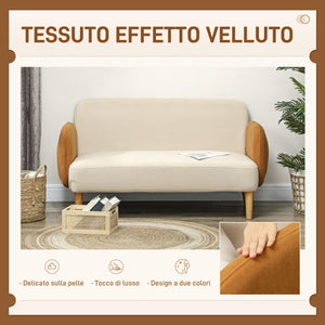 Divano 2 Posti Stile Nordico 138x73x74 cm in Tessuto Effetto Velluto e Legno Crema e Arancione