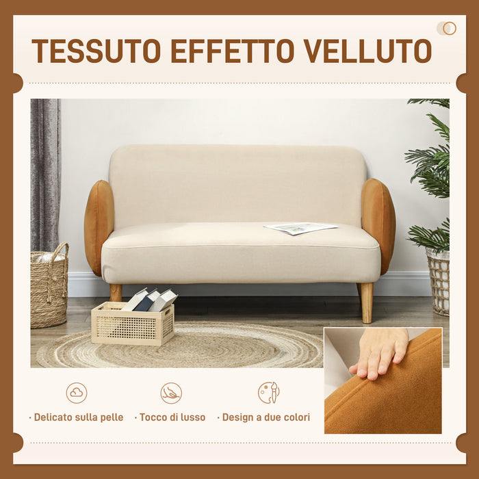 Divano 2 Posti Stile Nordico 138x73x74 cm in Tessuto Effetto Velluto e Legno Crema e Arancione