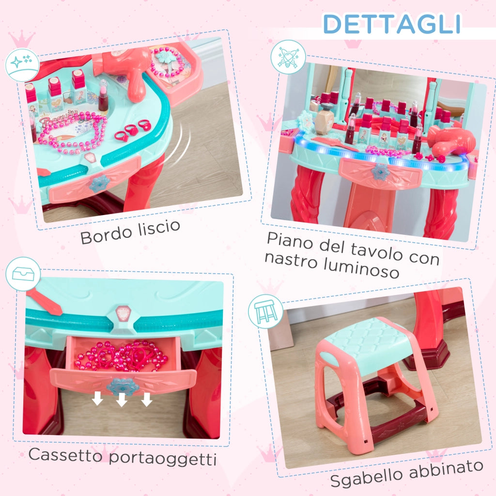 Tavolino trucco per bambine con sgabello, specchio e luci ¨C zephmum ¨C multicolore, PP e GPPS, 57x34x76 cm