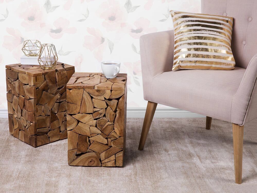 Tavolino in Legno di Teak Marrone Chiaro a Mosaico 30 x 30 cm tavolo laterale stile rustico