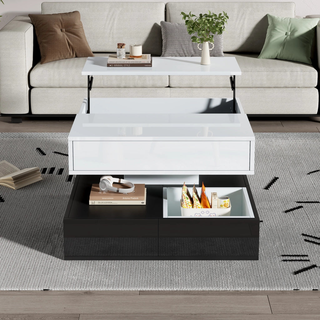 Tavolino da caffè 70x70x40 cm girevole 360°; sollevabile; 3 cassetti in truciolato bianco e nero