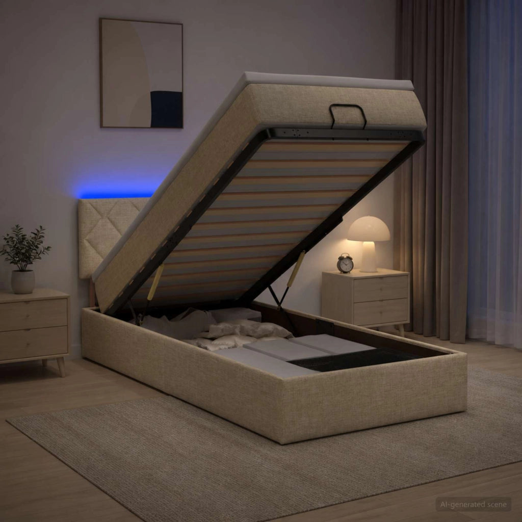 Letto Ottomano con Materasso e LED Crema 90 x 190 cm Tessuto 3456958
