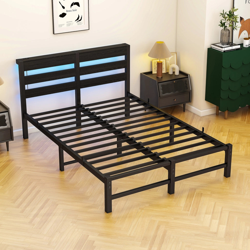 Letto matrimoniale 120x200 cm in metallo con LED RGB, 2 USB e spazio contenitore