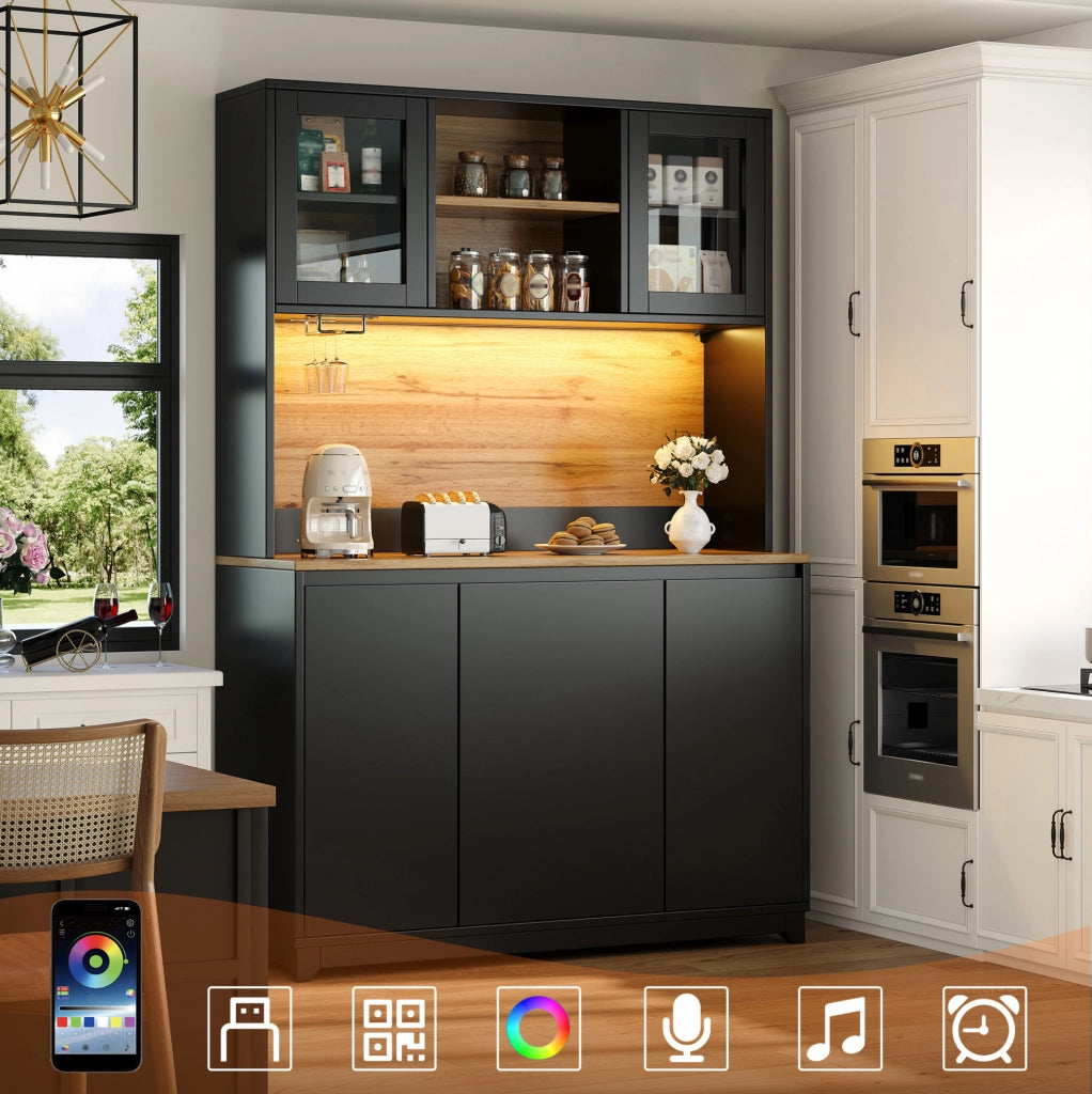Mobile da cucina nero con LED, ante acriliche e vano rifiuti