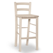 Sgabello legno grezzo con schienale e seduta legno massello h 67cm