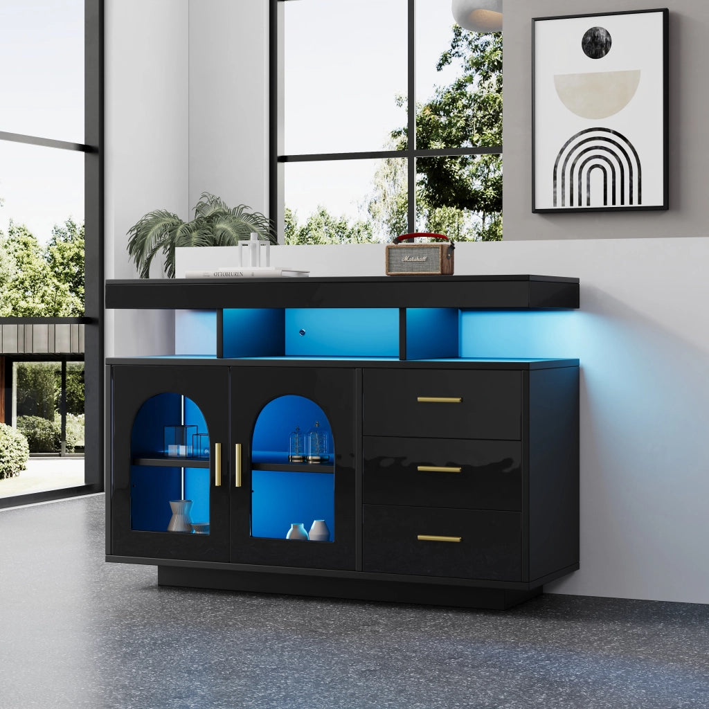 Credenza con 2 ante e 3 cassetti; LED RGB - per soggiorno - 120x40x80 cm - nero