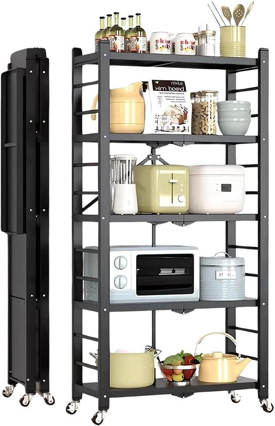 Trolley metallico pieghevole per cucina - 5 livelli - Comparto di stoccaggio per cucina - Risparmia spazio - Ruote - Nero - Nessuna installazione necessaria