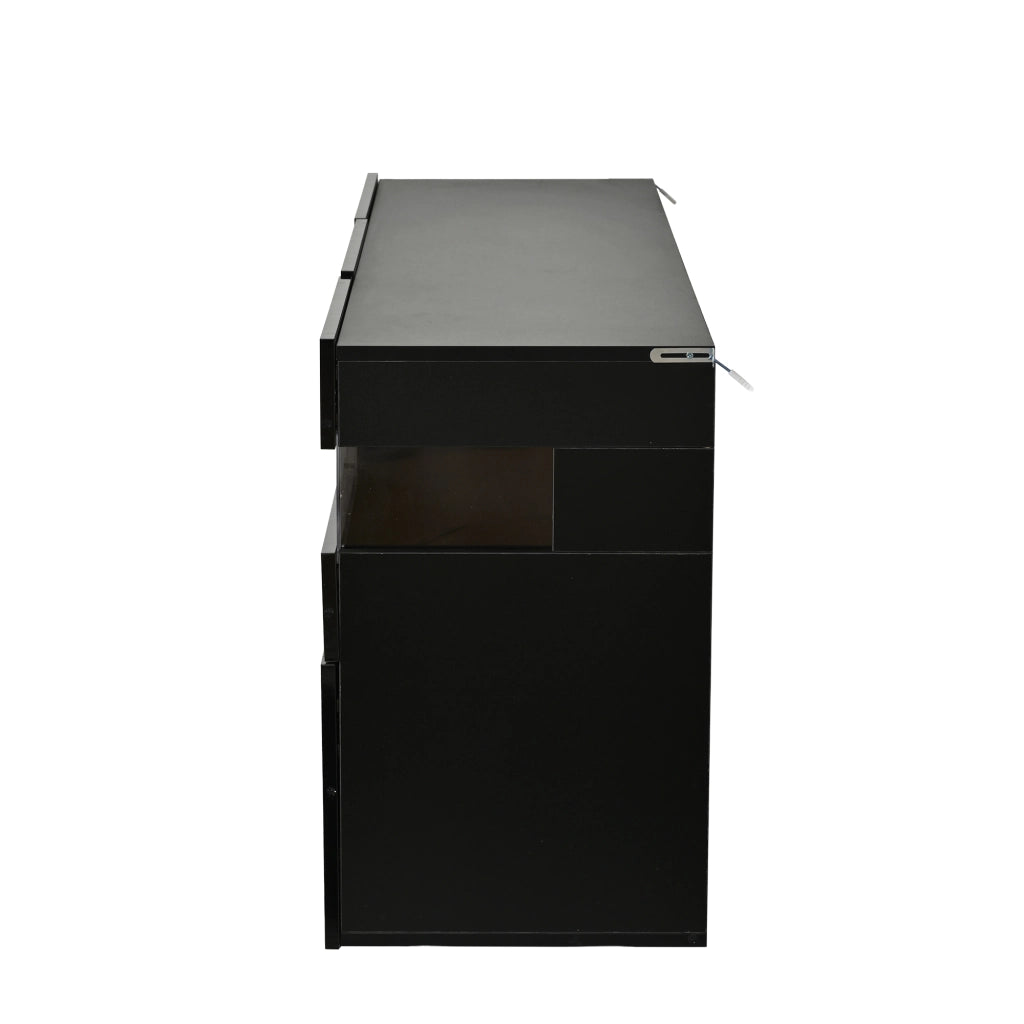 Credenza e madia con LED, 3 ante e 7 vani, frontale lucido, per soggiorno, in truciolare, nero, 140 × 40,5 × 66,5 cm