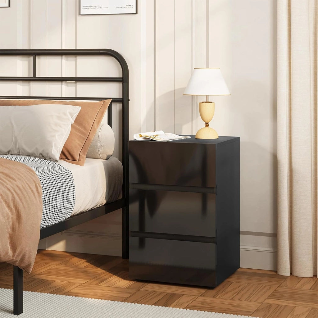 Comodino per Camera da Letto, Mobiletto Nero con 3 Cassetti, Cassettiera Piccola Salvaspazio in Legno, con Guide Metalliche, Design Moderno, 40x35x62cm, 0014CTG