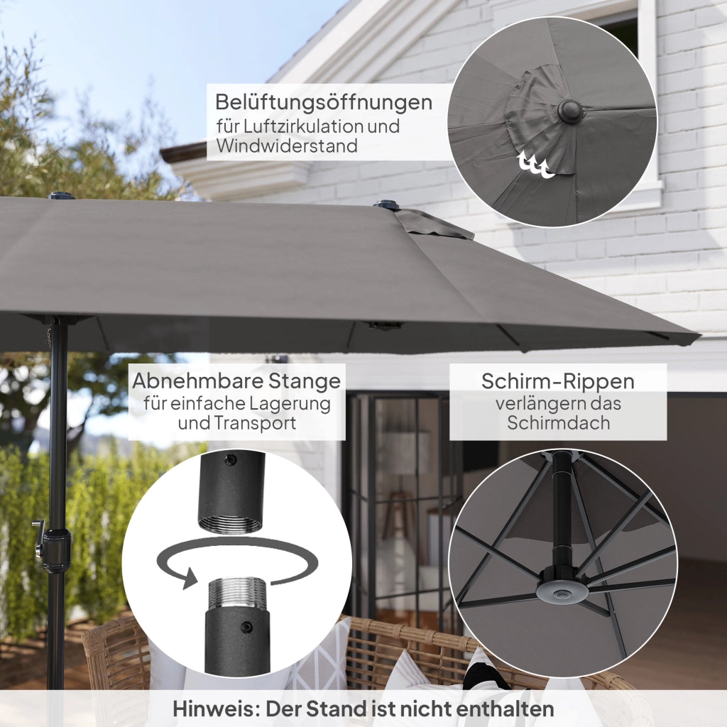 Doppio parasole 455 x 265 cm; parasole UV con manovella; parasole da balcone a manovella antivento parasole protezione solare per giardino del balcone; grigio
