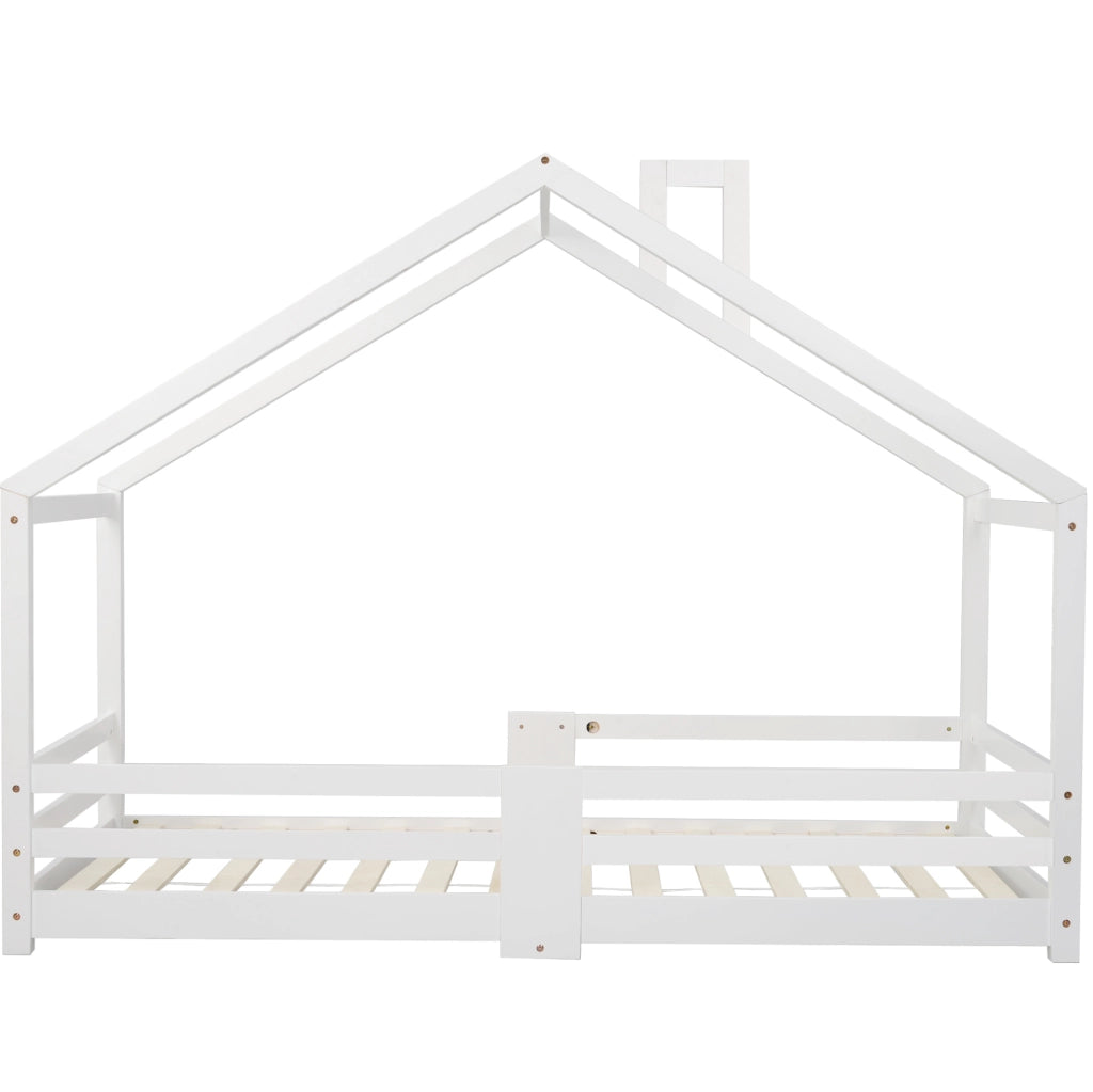 Letto a casetta per bambini 90x200 cm con protezione anticaduta; in legno massello di pino; bianco