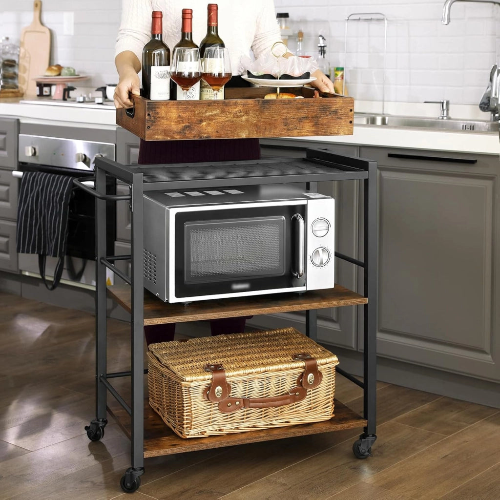 VASAGLE Carrello da Cucina con Vassoio Rimovibile, Carrello Portavivande Fisso o con Ruote, Struttura in Acciaio, Scaffale Cucina 40 x 72 x 86 cm, Marrone Vintage e Nero Inchiostro LRC72X