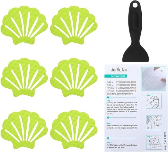 Pattini Antiscivolo per Bagno, 9x7 cm, 6 pezzi, Scivolo per Bagno con Adesivi e Spazzolino per Pavimento Antiscivolo, Verde Chloro