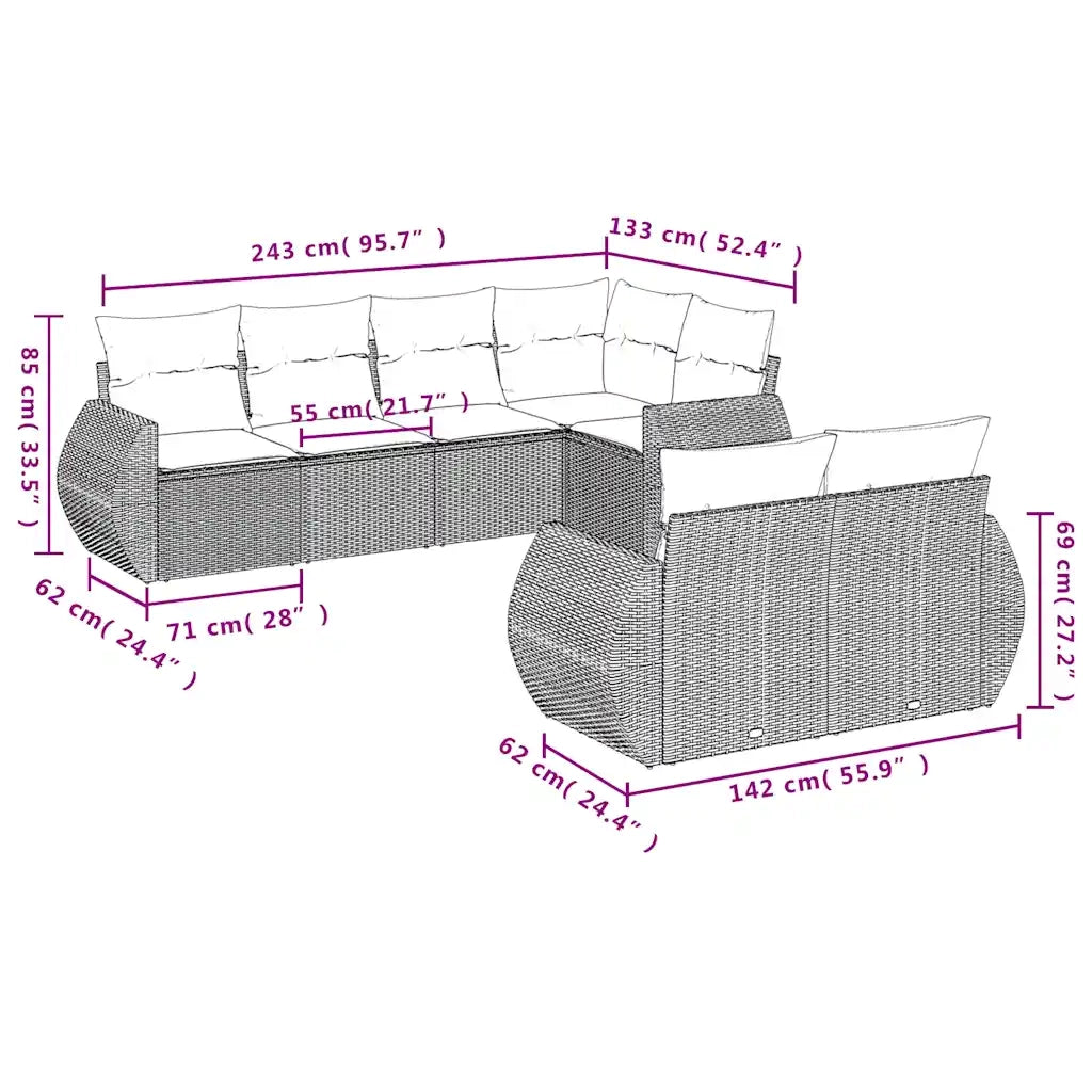 Set Divani da Giardino 7 pz con Cuscini Grigio in Polyrattan 3221610