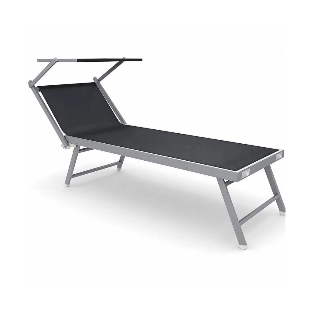 Lettino Prendisole Pieghevole Professionale Alluminio Textilene Tettuccio Orientabile Parasole Mare Spiaggia Piscina Giardino 182 x 60 x 38 Cm Nero