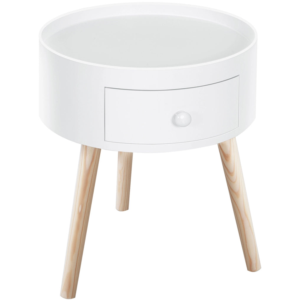 Tavolino rotondo con cassetto in legno bianco